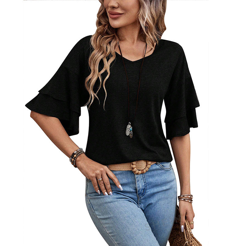 Summer V Neck Ruffle Sleeve Loose Fit Women’s Top
