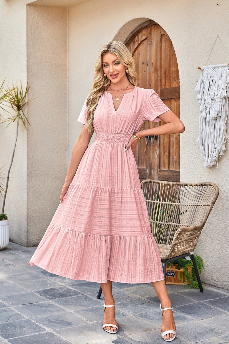 V Neck Smocked Puff Sleeve Flowy Midi Dress for Women