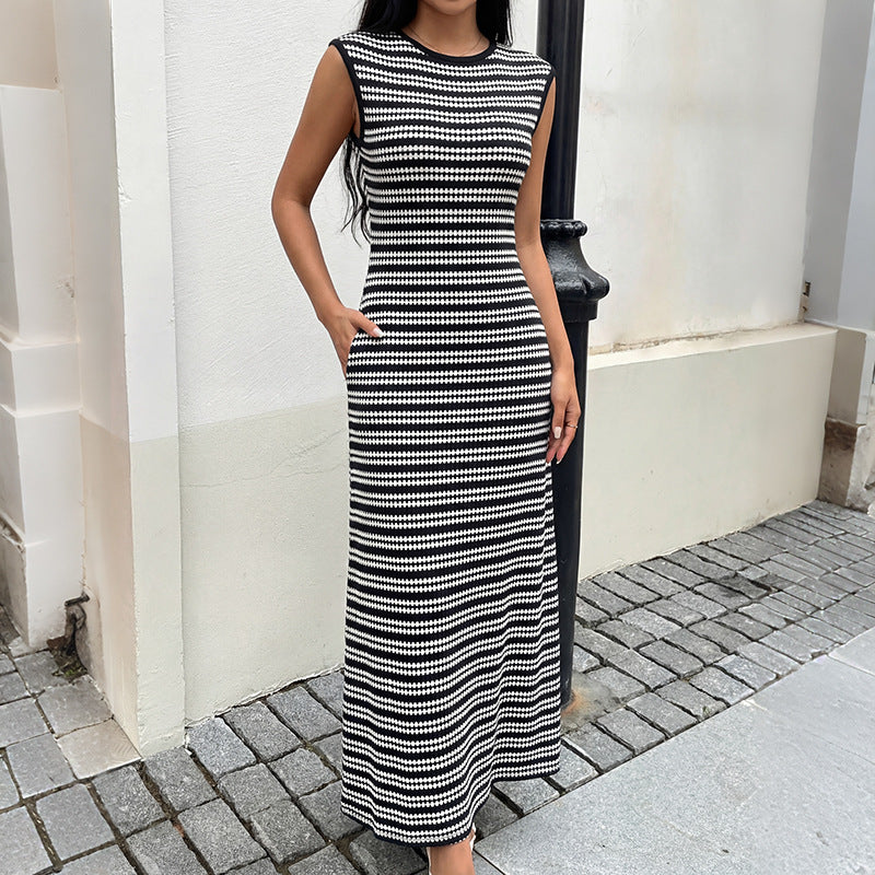 Striped Sleeveless Knit Bodycon Midi Dress Casual