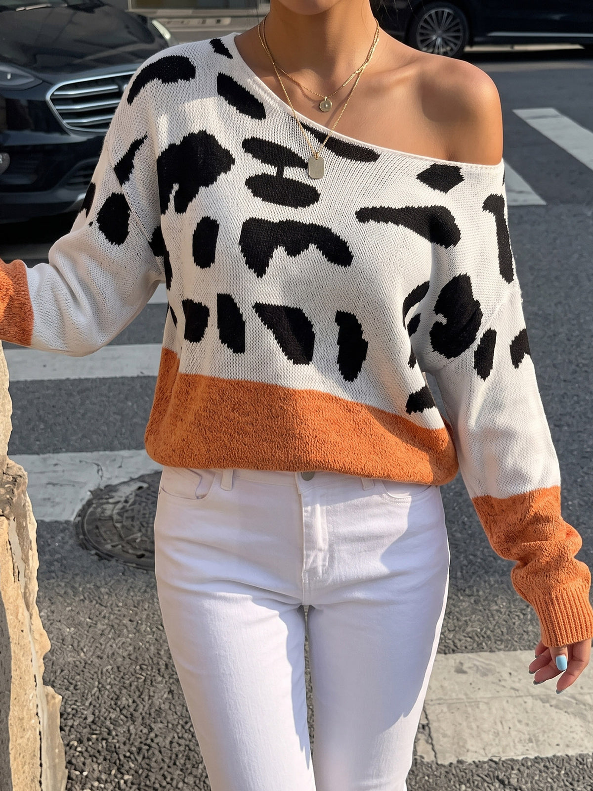 Women's Off Shoulder Leopard Print Color Block Sweater