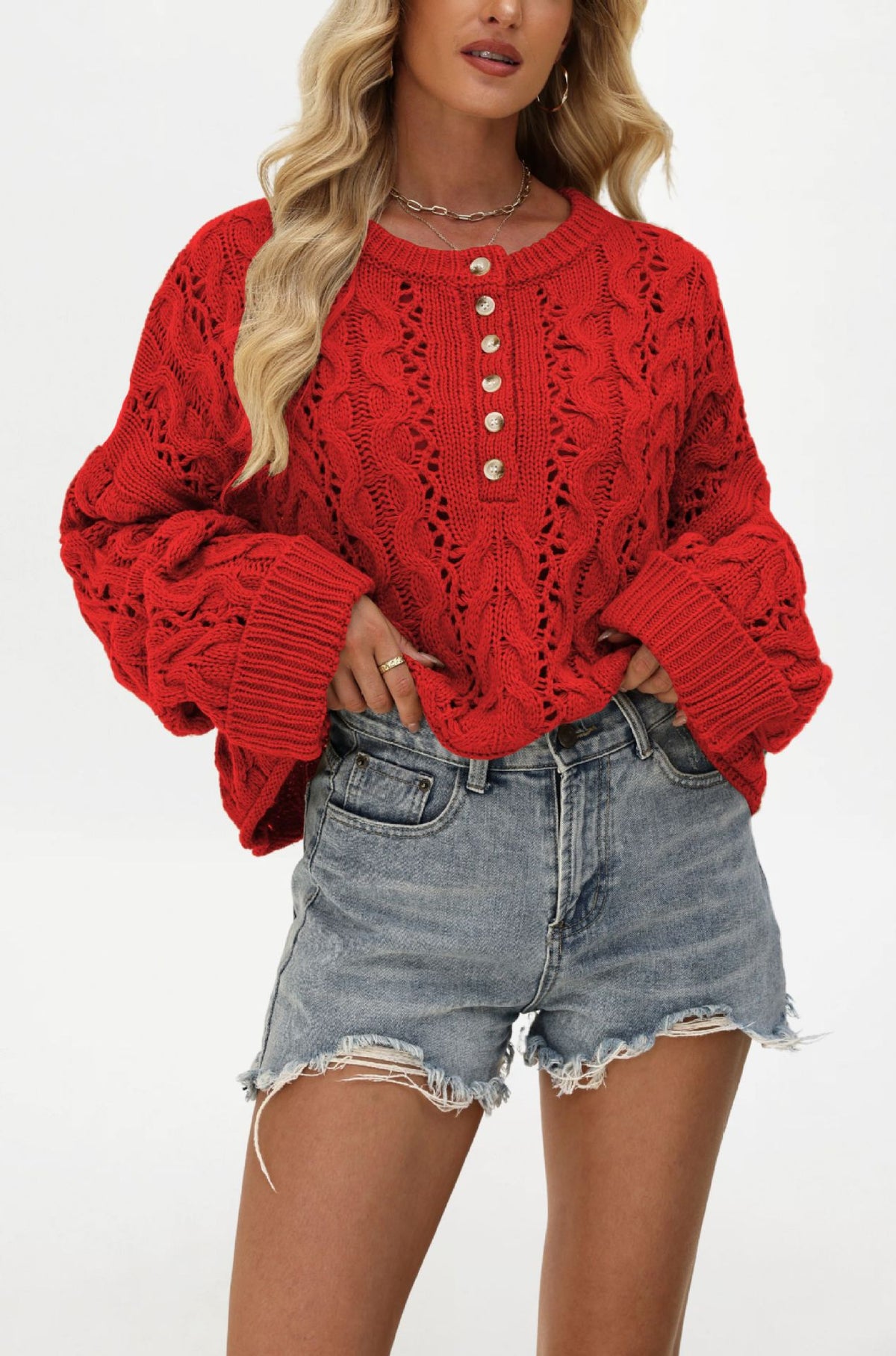 Women's Oversized Cable Knit Cropped Button Sweater