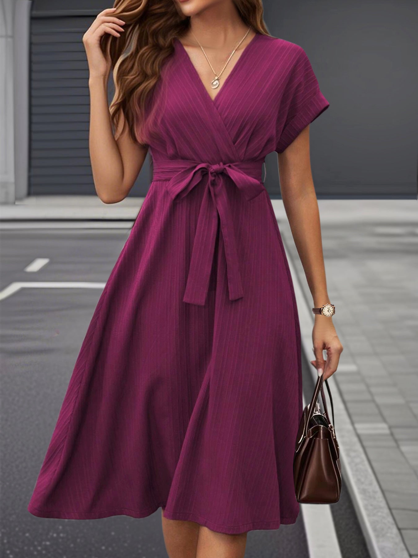 Women’s V Neck Tie Waist Midi Dress Short Sleeve