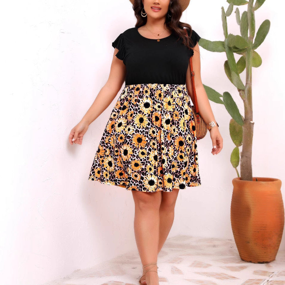 Plus Size Sunflower Print Patchwork A-Line Summer Dress