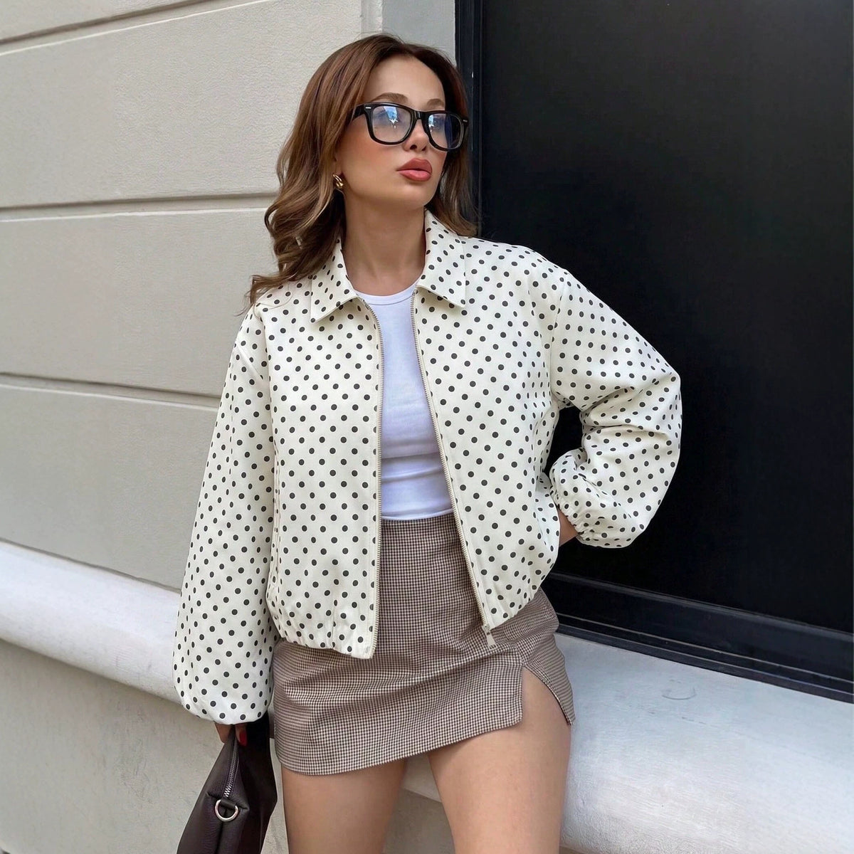 Women's Vintage Polka Dot Cropped Zip-Up Jacket