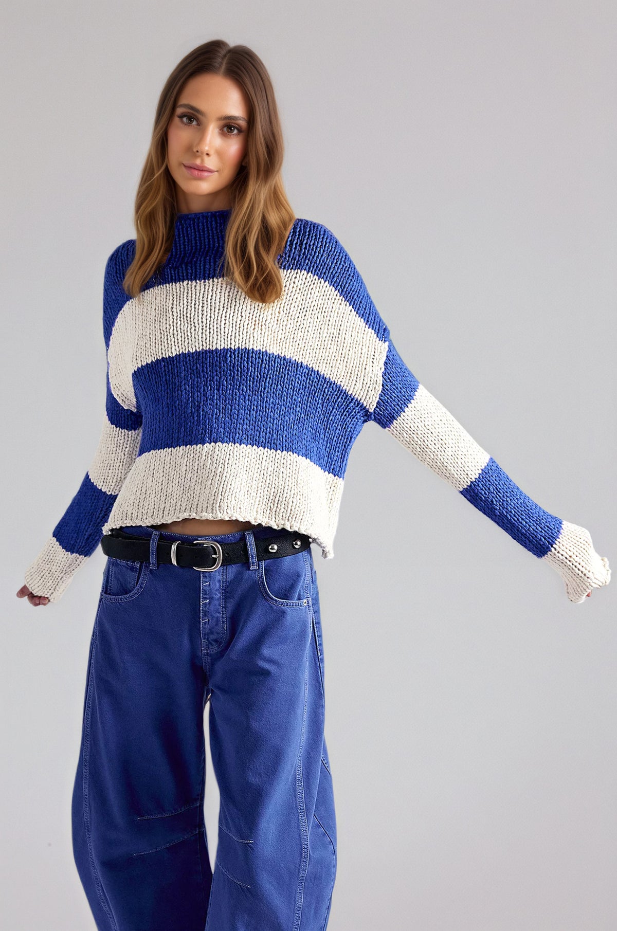 Color Block Striped Chunky Knit Mock Neck Sweater