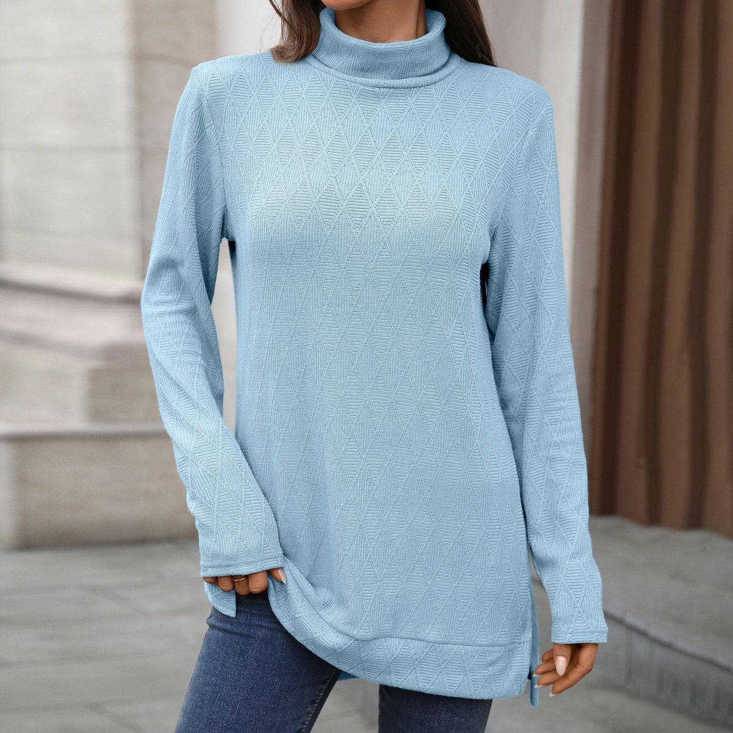 Oversized Turtleneck Long Sleeve Side Slit Tunic Top