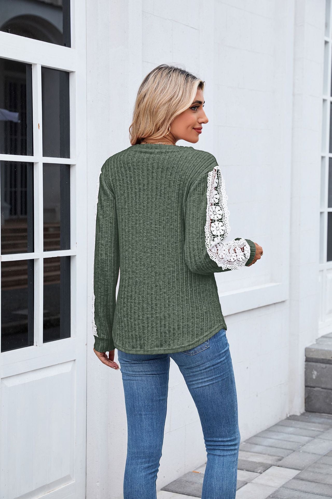 Women's V-Neck Lace Sleeve Ribbed Tunic Top