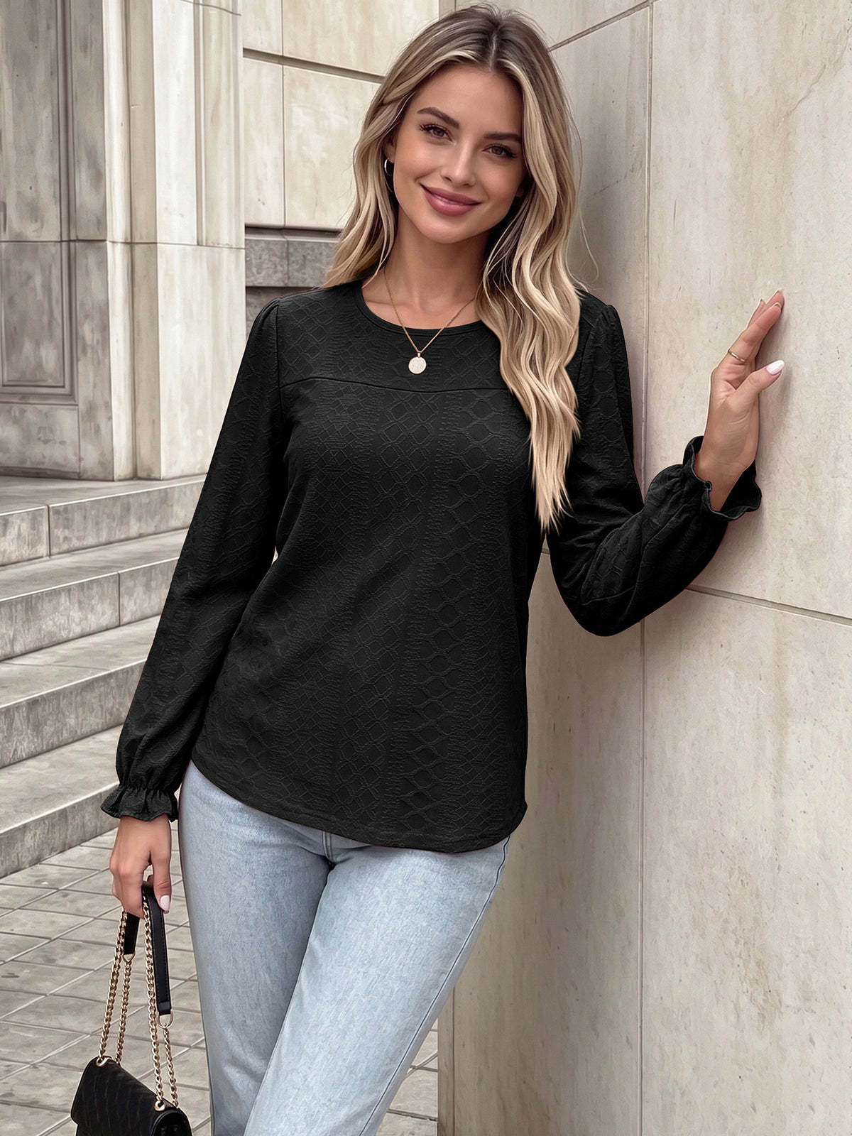 Women's Textured Long Sleeve Round Neck Ruffle Cuff Top
