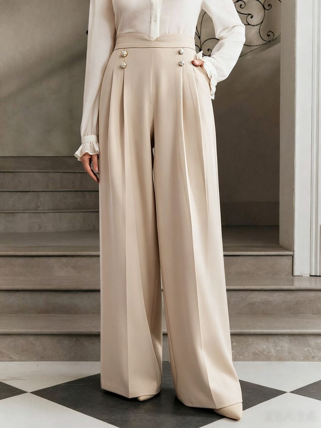 Women's High Waisted Wide Leg Work Pants Button Front