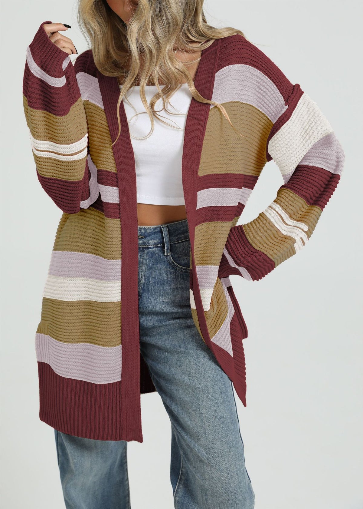 Oversized Color Block Chunky Knit Long Cardigan