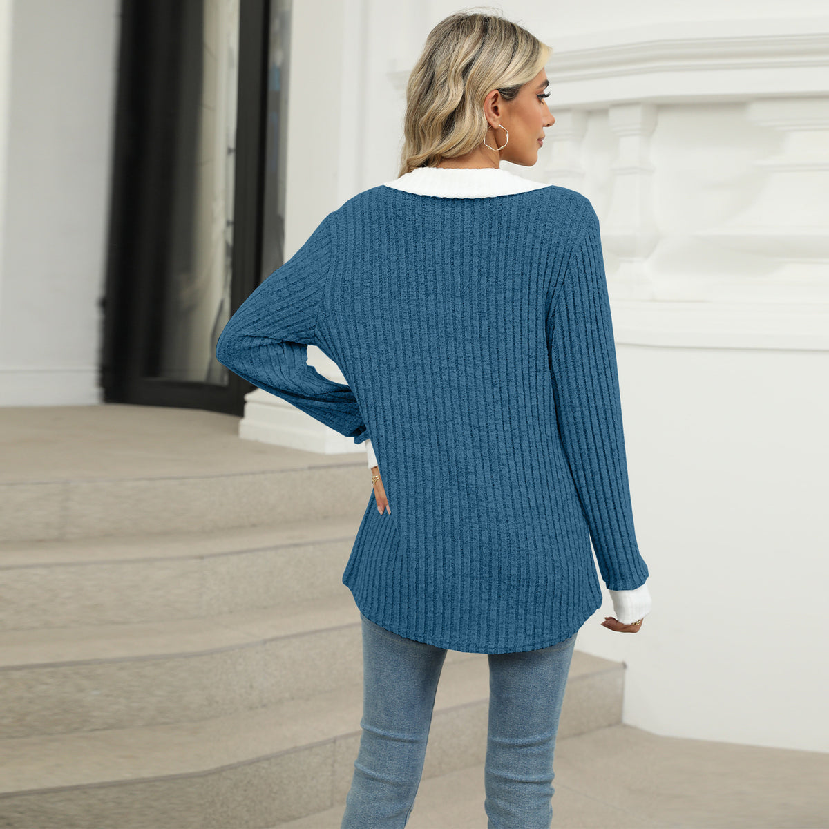 Women's Color Block Collar Long Sleeve Oversized Knit Top