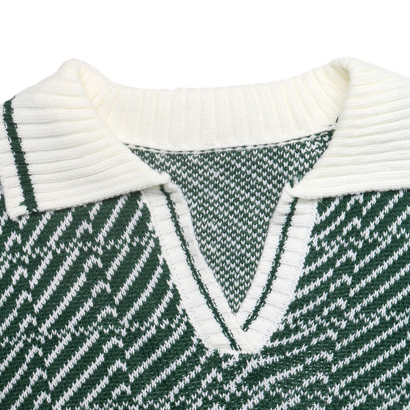Contrast Polo Neck Knit Sweater Half Zip Casual Pullover