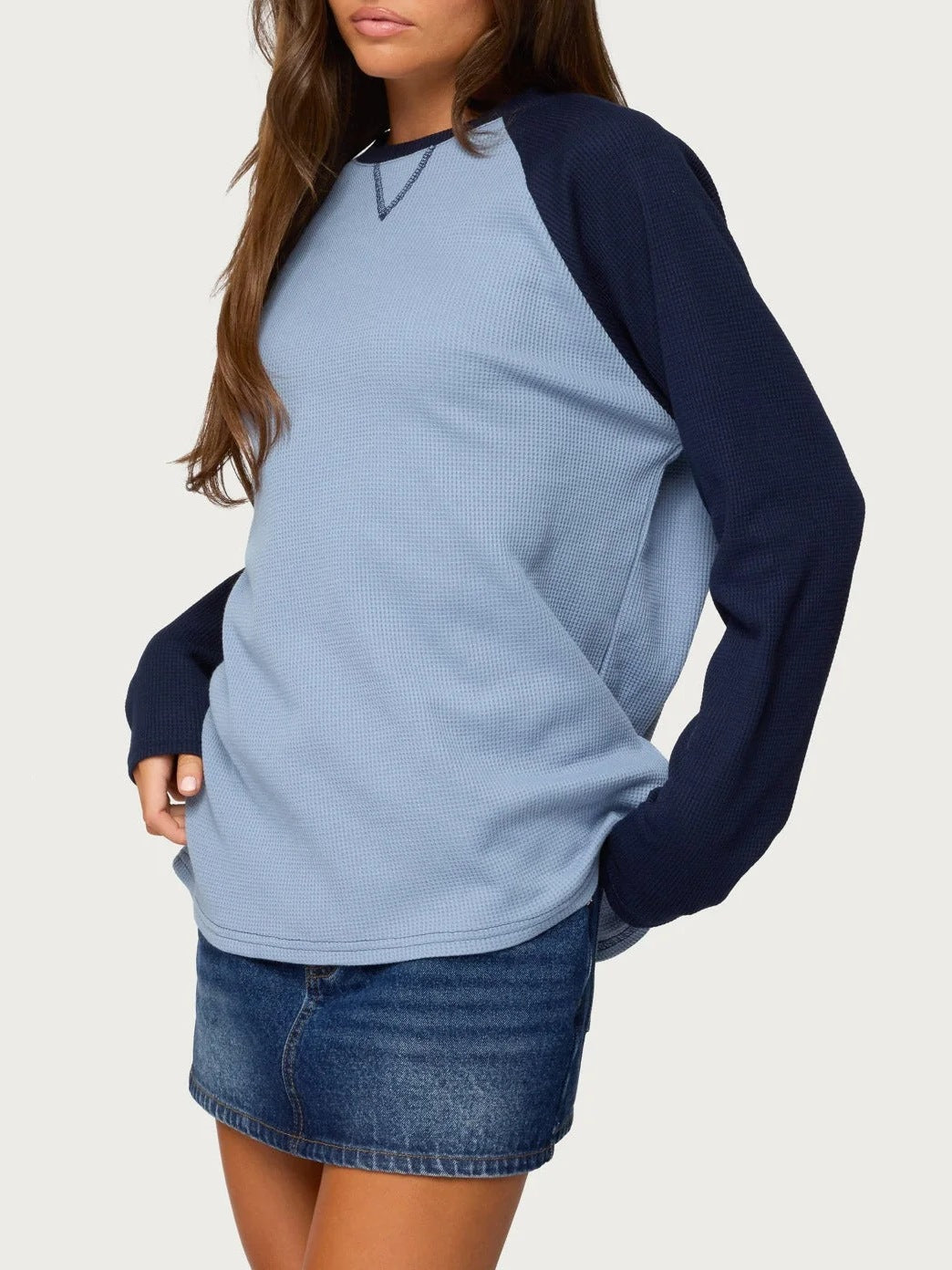 Colorblock Raglan Sleeve Waffle Knit Top