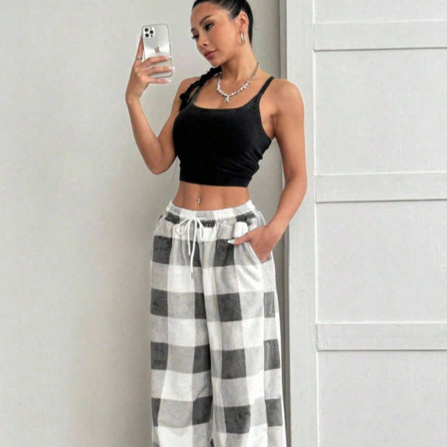 Plaid Fleece Pants Casual Oversized Wide Leg