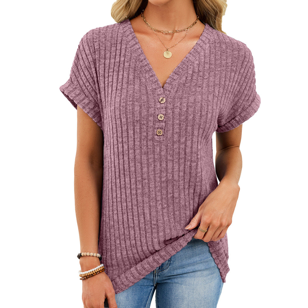 Solid Ribbed Knit Top V Neck Casual Short Sleeve