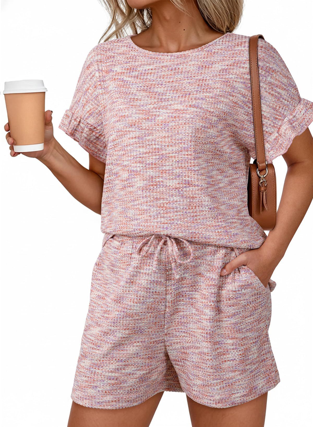 Textured Knit Lounge Set Ruffle Sleeve Drawstring Shorts