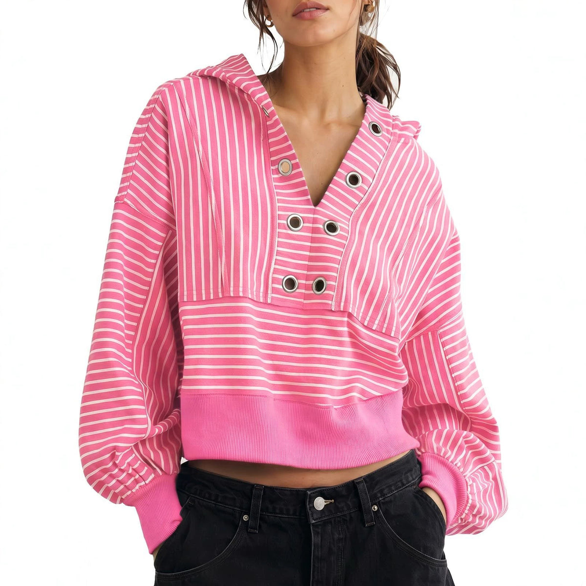Women's Oversized Striped Cropped Hoodie V Neck Long Sleeve