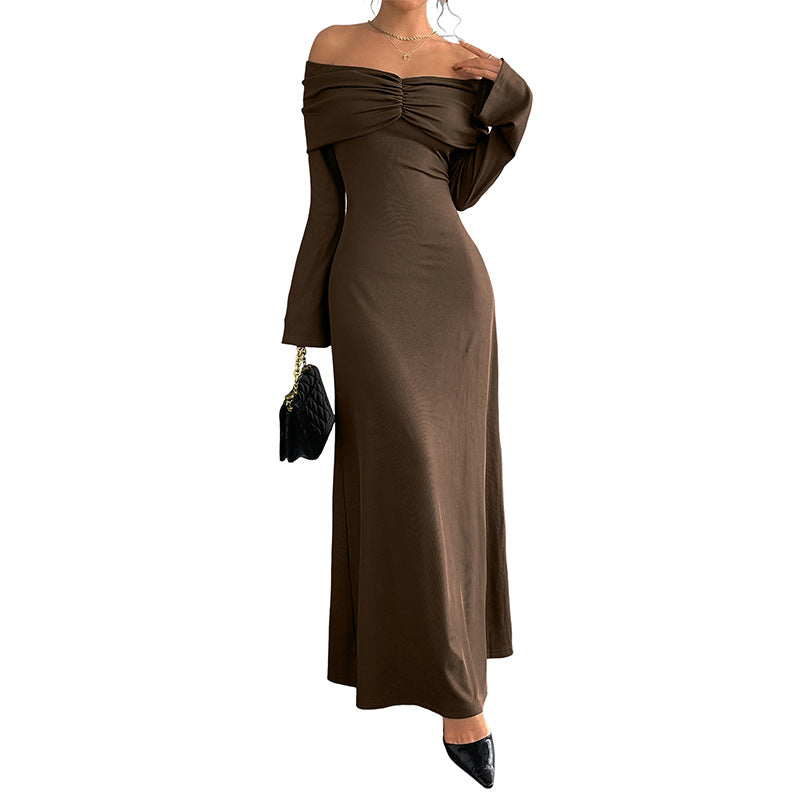 Chic Off-Shoulder Bodycon Maxi Dress in Brown