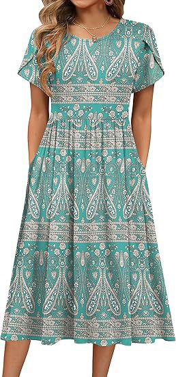 Boho Floral Midi Dress for Women Round Neck Short Sleeve