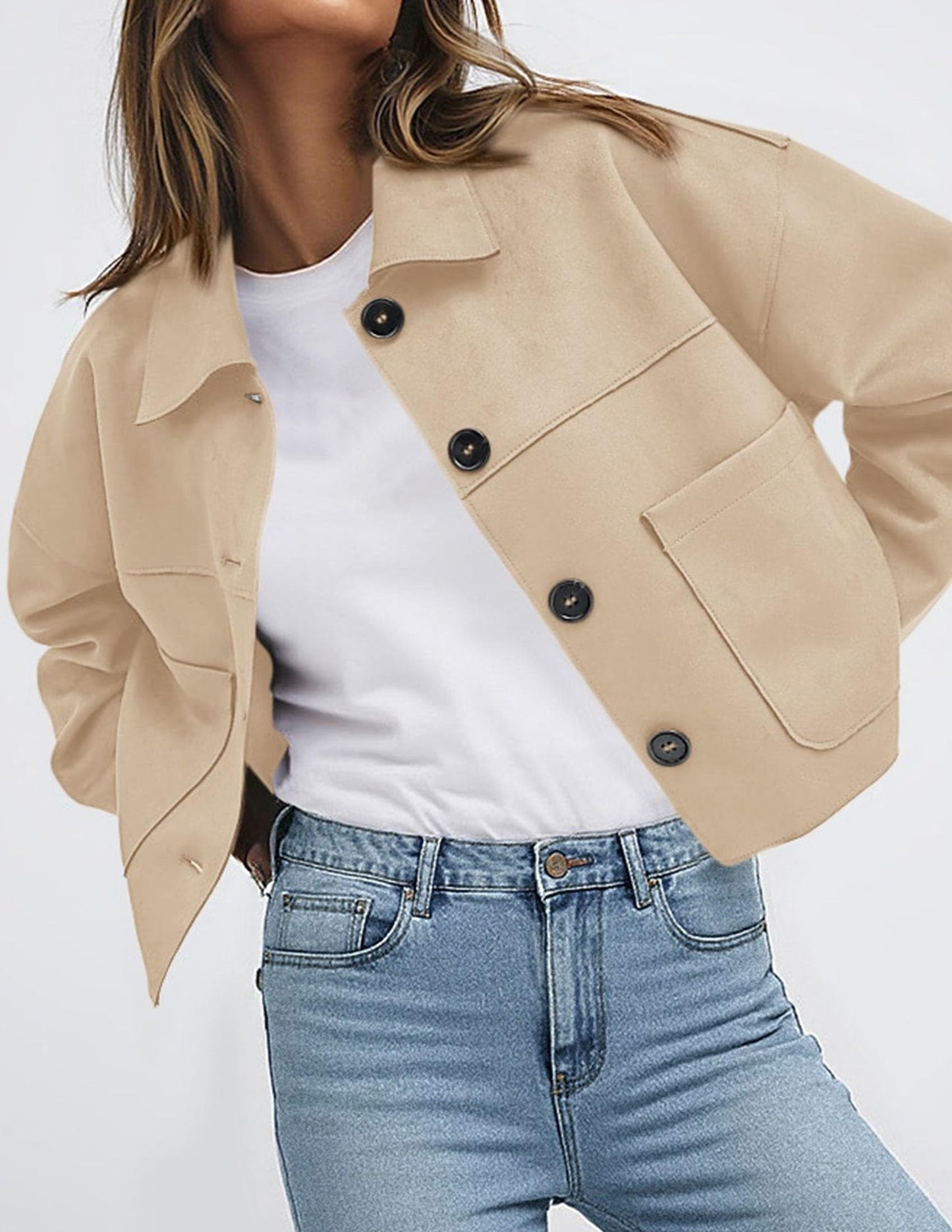 Solid Suede Jacket Western Cropped Button Front