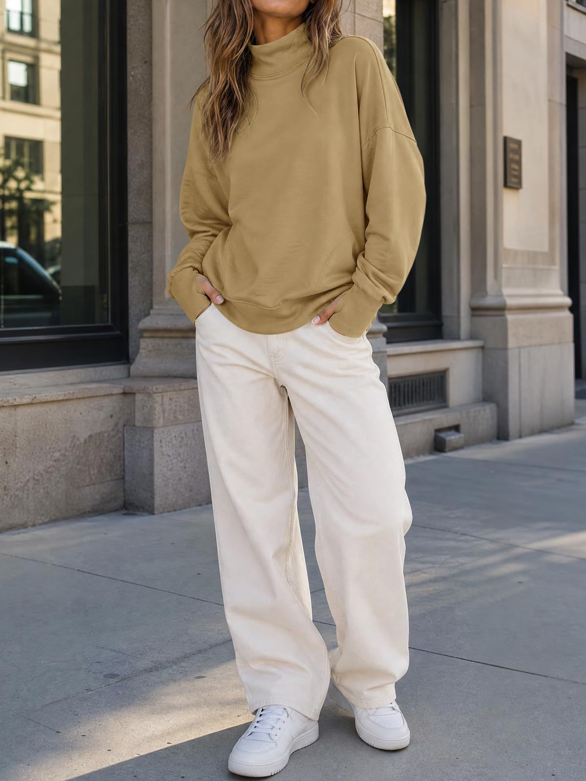 Mock Neck Oversized Womens Sweatshirt Solid Pullover Top