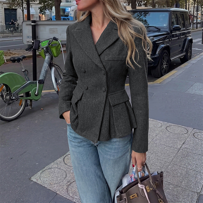 Solid Blazer Tailored Double Breasted Peplum