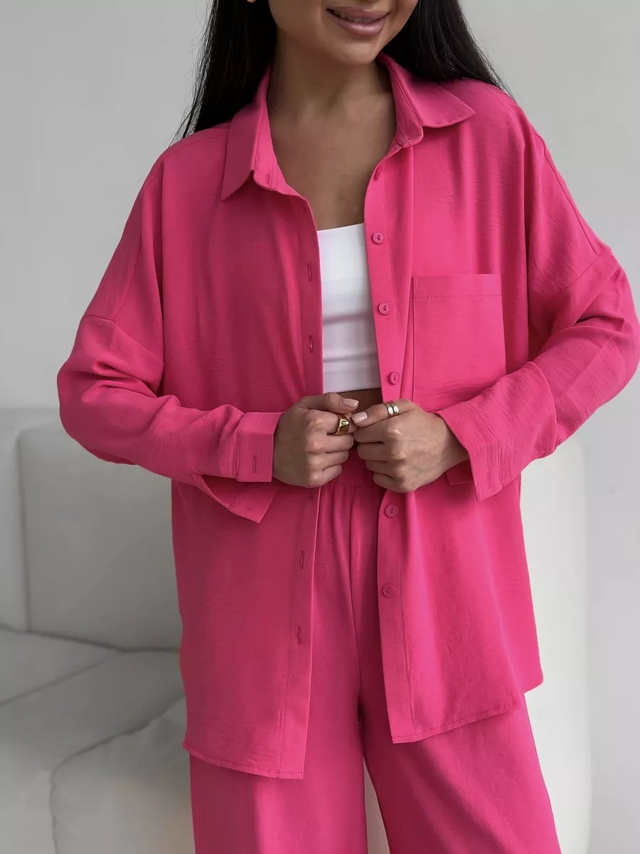 Two Piece Pants Set with Button-Down Shirt & Wide-Leg Pants