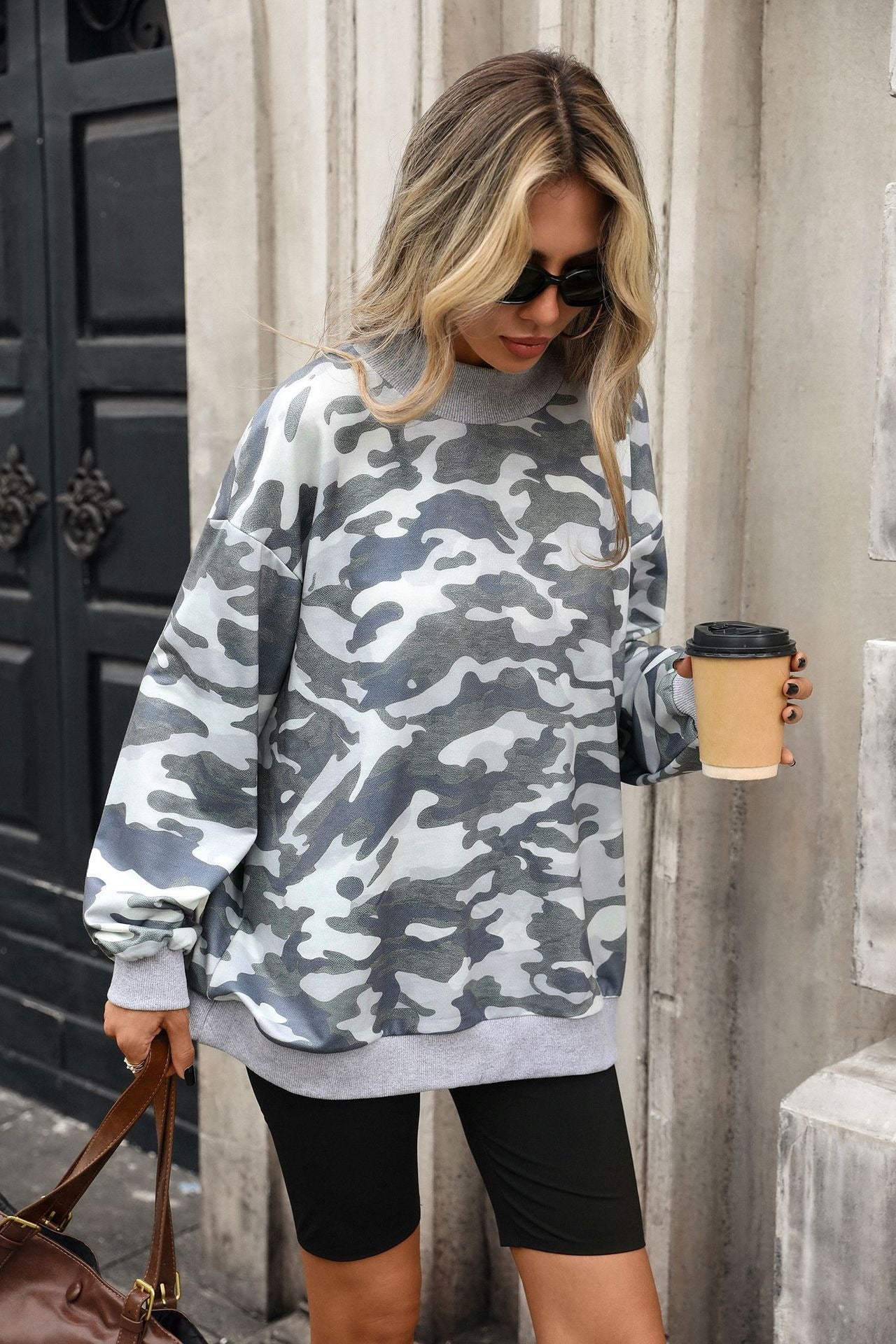 Camo Print Oversized Crew Neck Pullover Sweatshirt
