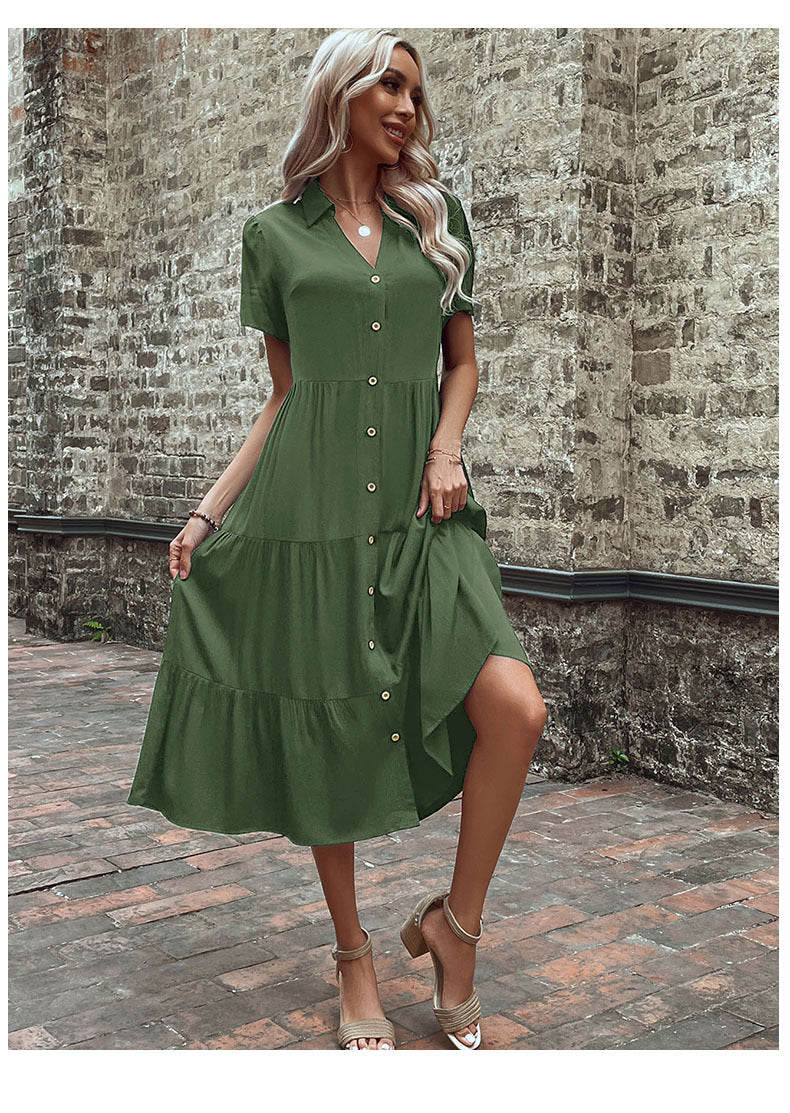 Women's  Button Front Tiered Midi Shirt Dress Casual Summer Dress