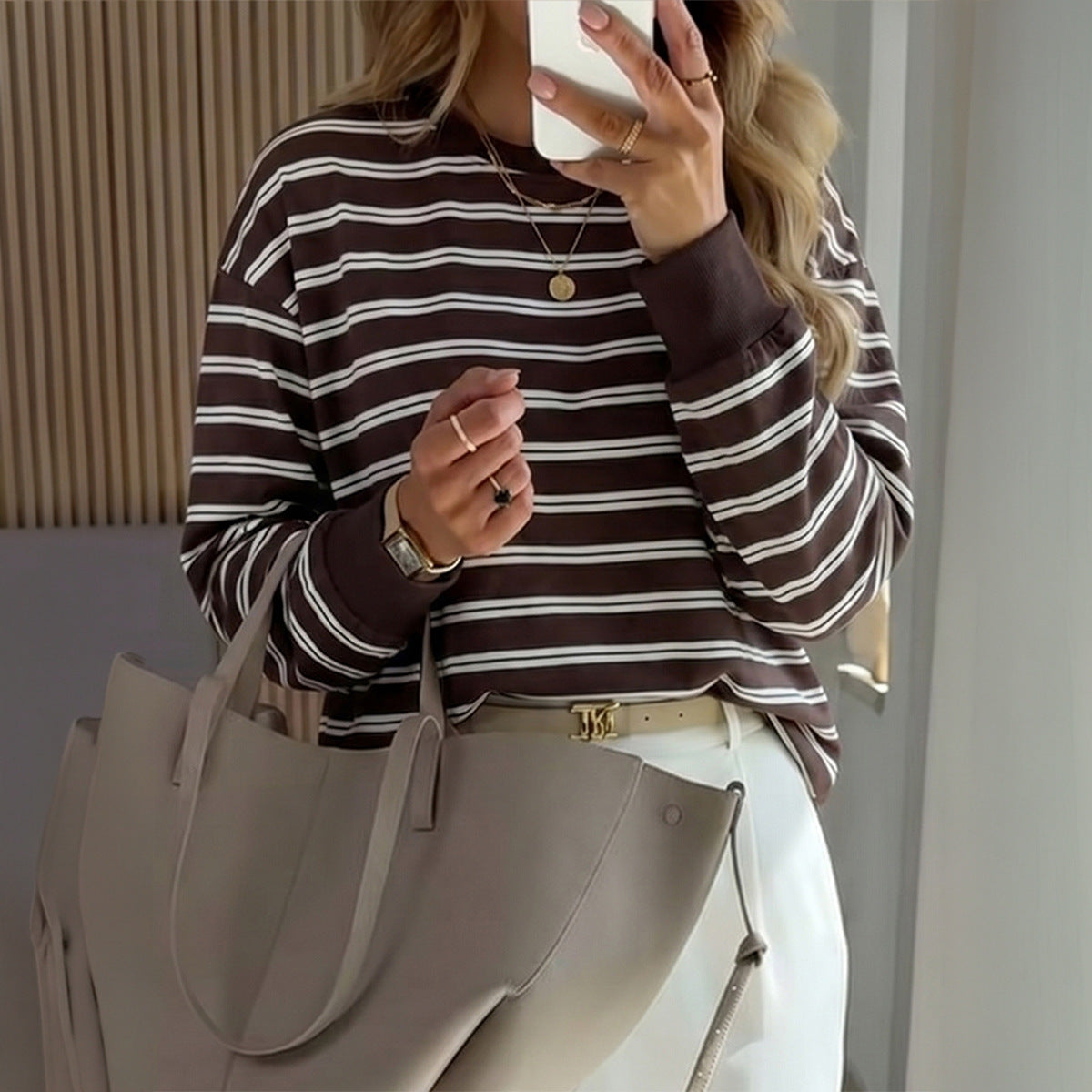 Women's Brown Striped Crewneck Long Sleeve Sweatshirt