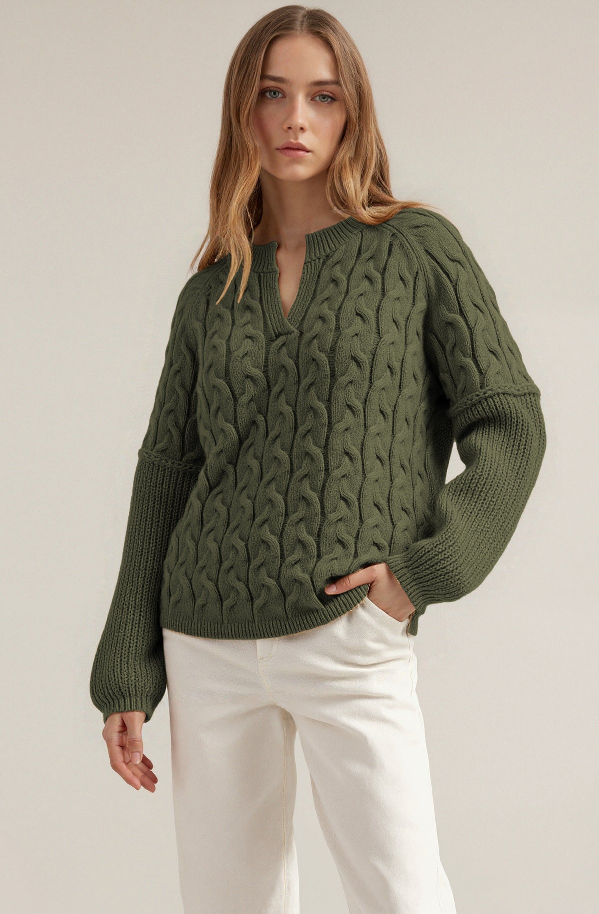 Women's Chunky Cable Knit V Neck Pullover Sweater