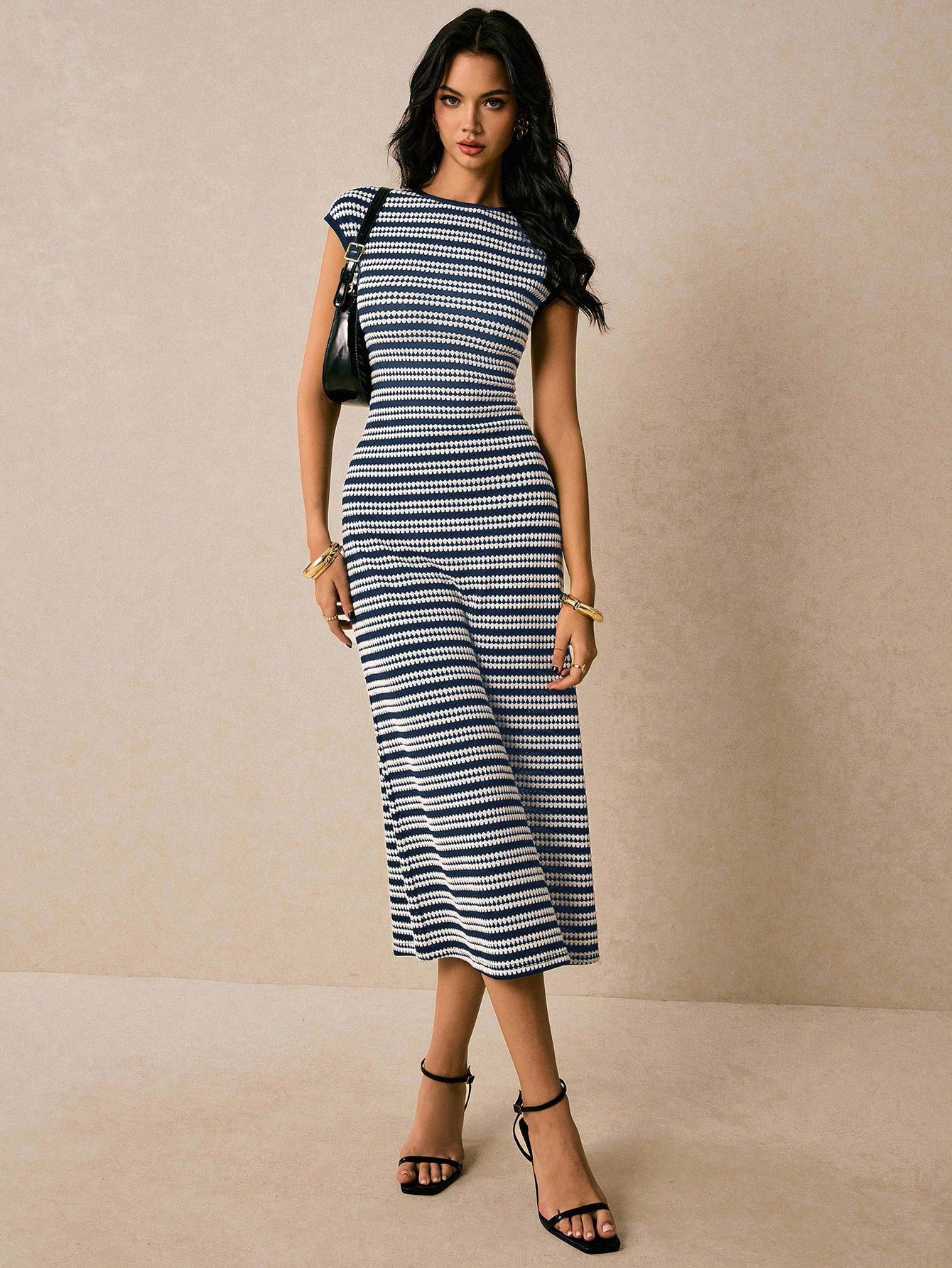 Colorblock Striped Knit Short Sleeve Bodycon Maxi Dress