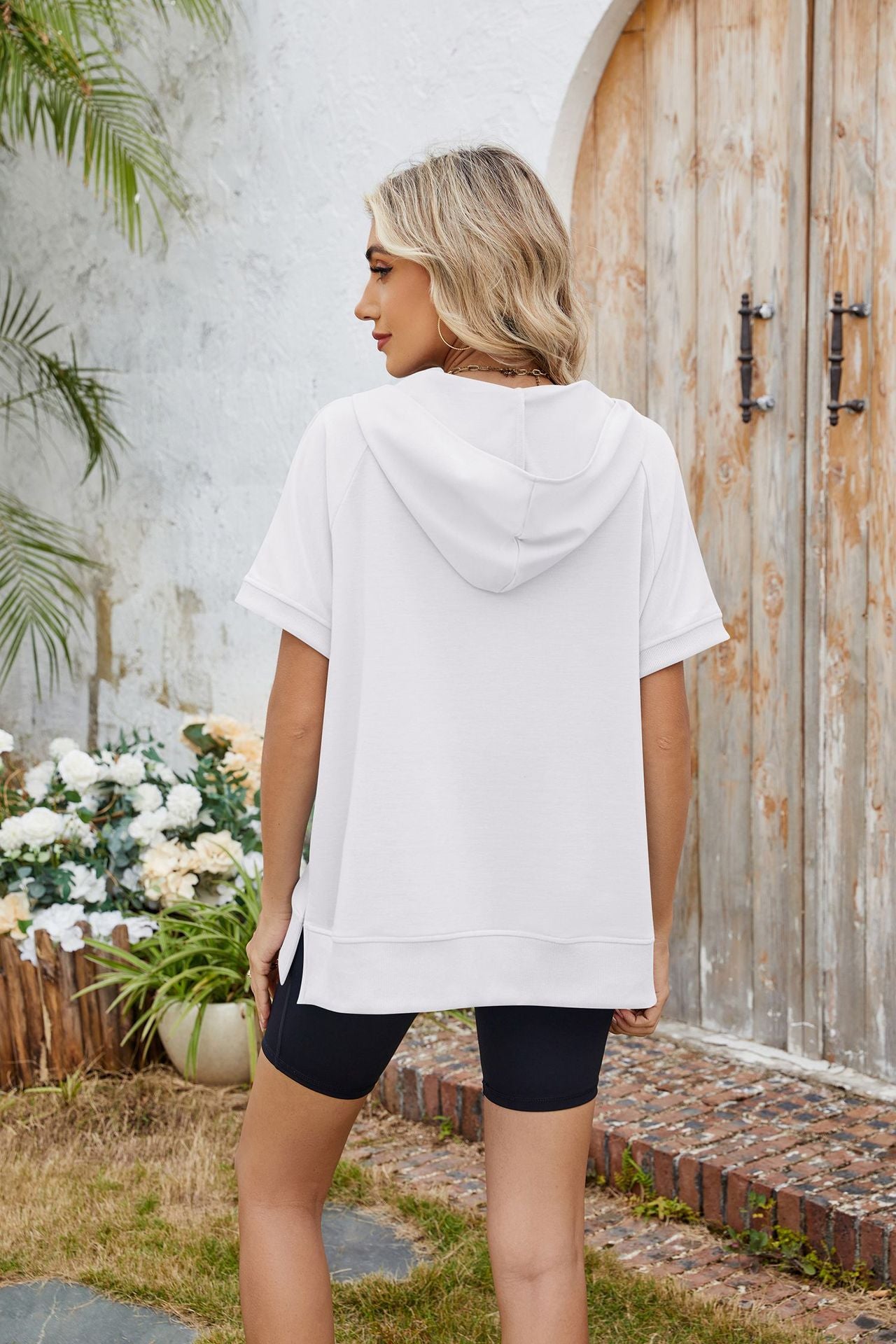Hooded Short Sleeve Zipper Pocket Sweatshirt