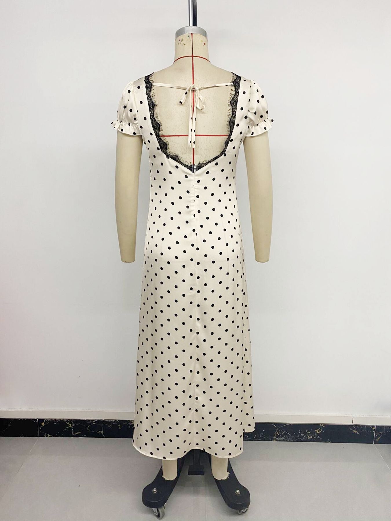 Polka Dot Woven Dress Vintage Lace Trim Maxi