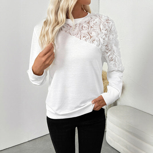 Elegant 3D Floral Lace Patchwork Long Sleeve Pullover