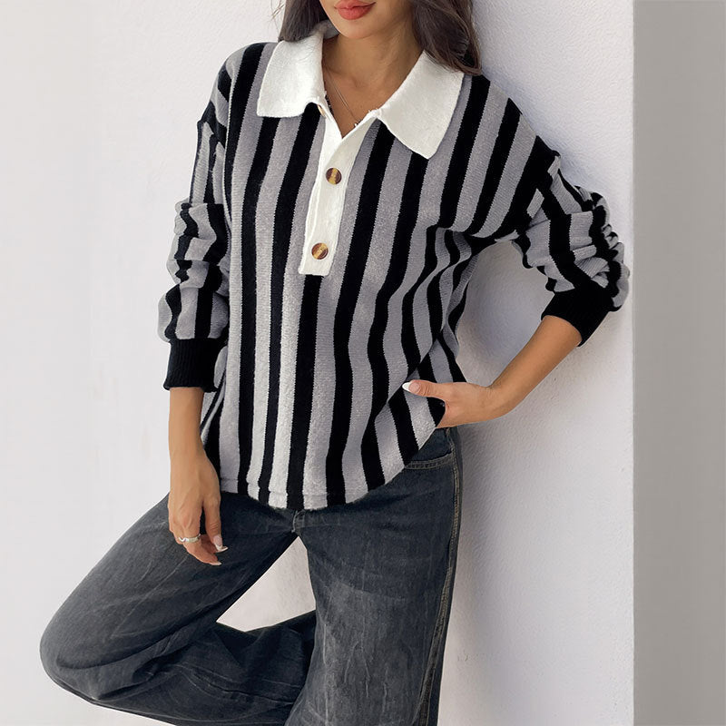 Striped Knit Pullover Sweater with Collar Long Sleeve