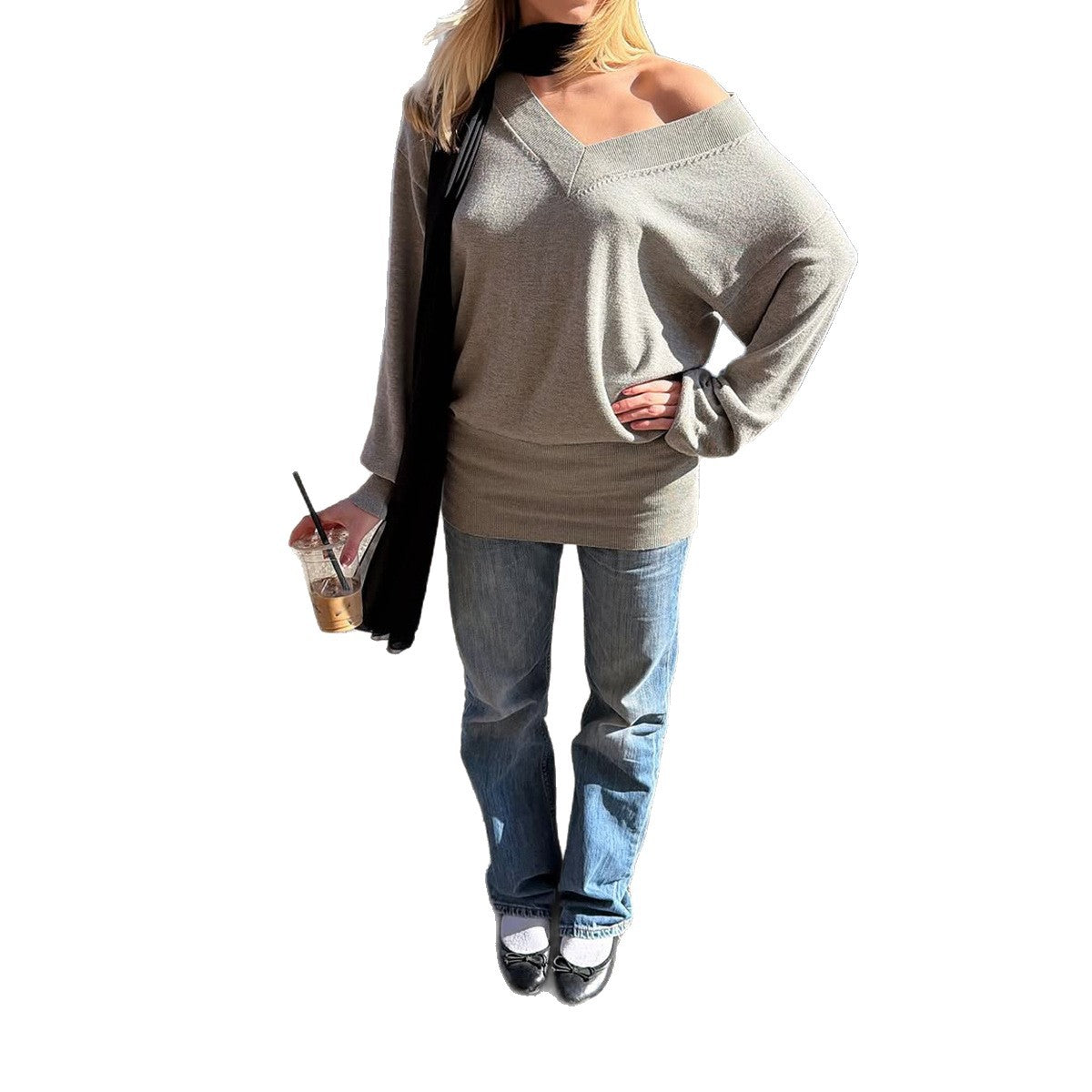 Oversized V-Neck Drop Shoulder Balloon Sleeve Knit Sweater
