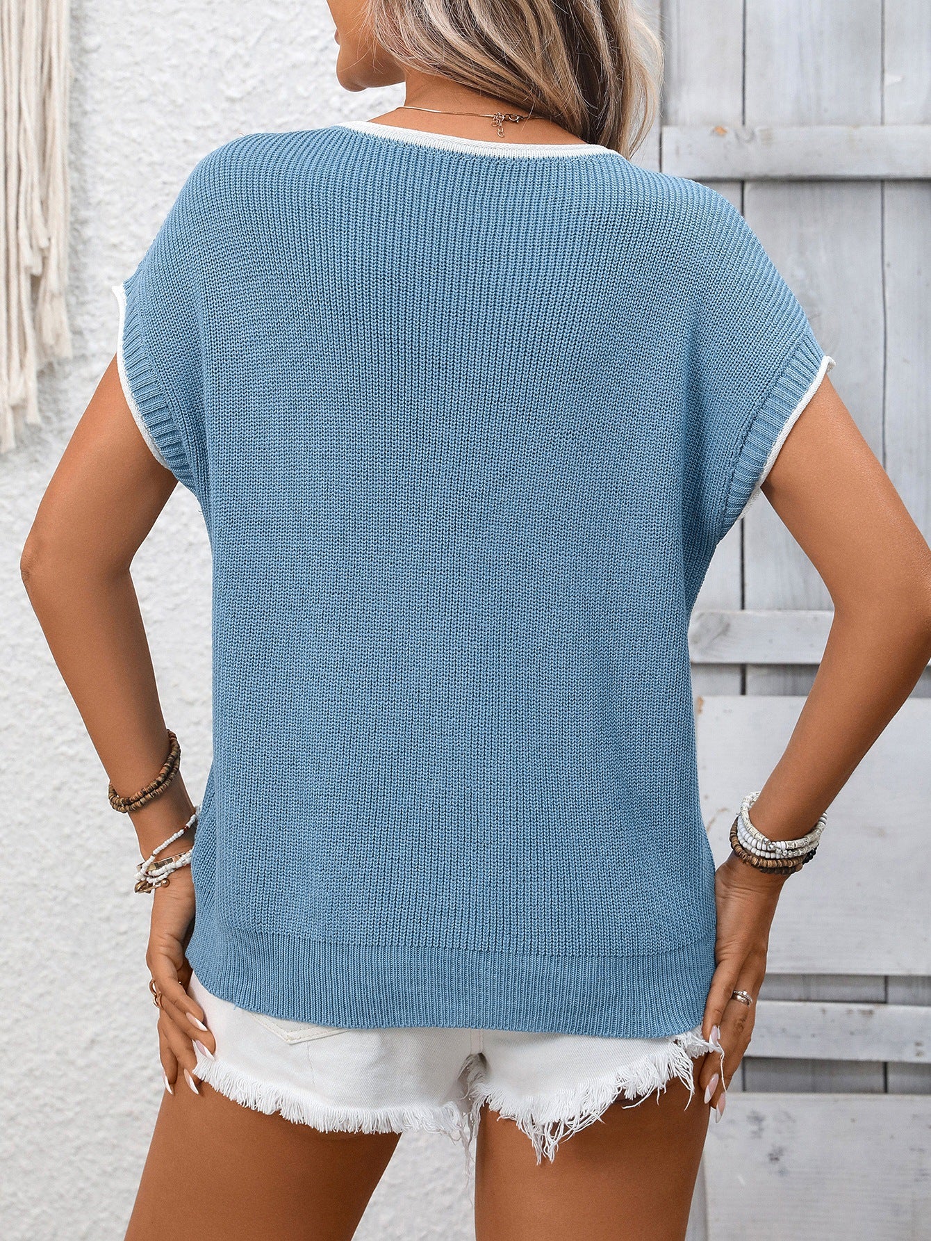 Contrast Trim Round Neck Short Sleeve Knit Casual Top