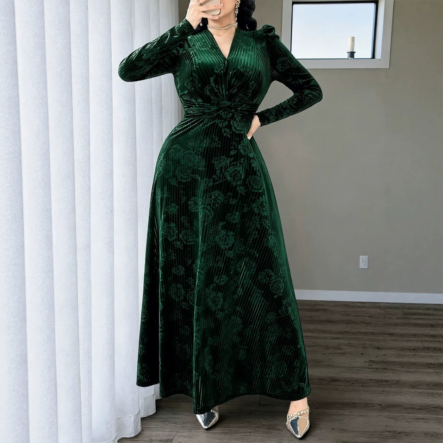 Plus Size Floral Velvet V Neck Maxi Dress