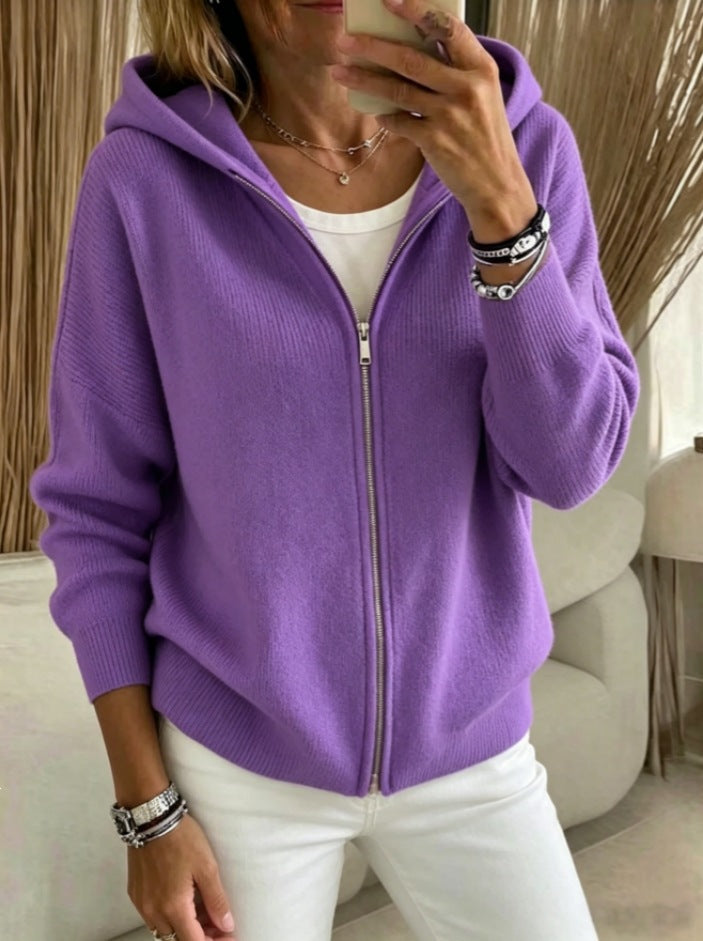 Hooded Zip Up Drop Shoulder Knit Cardigan