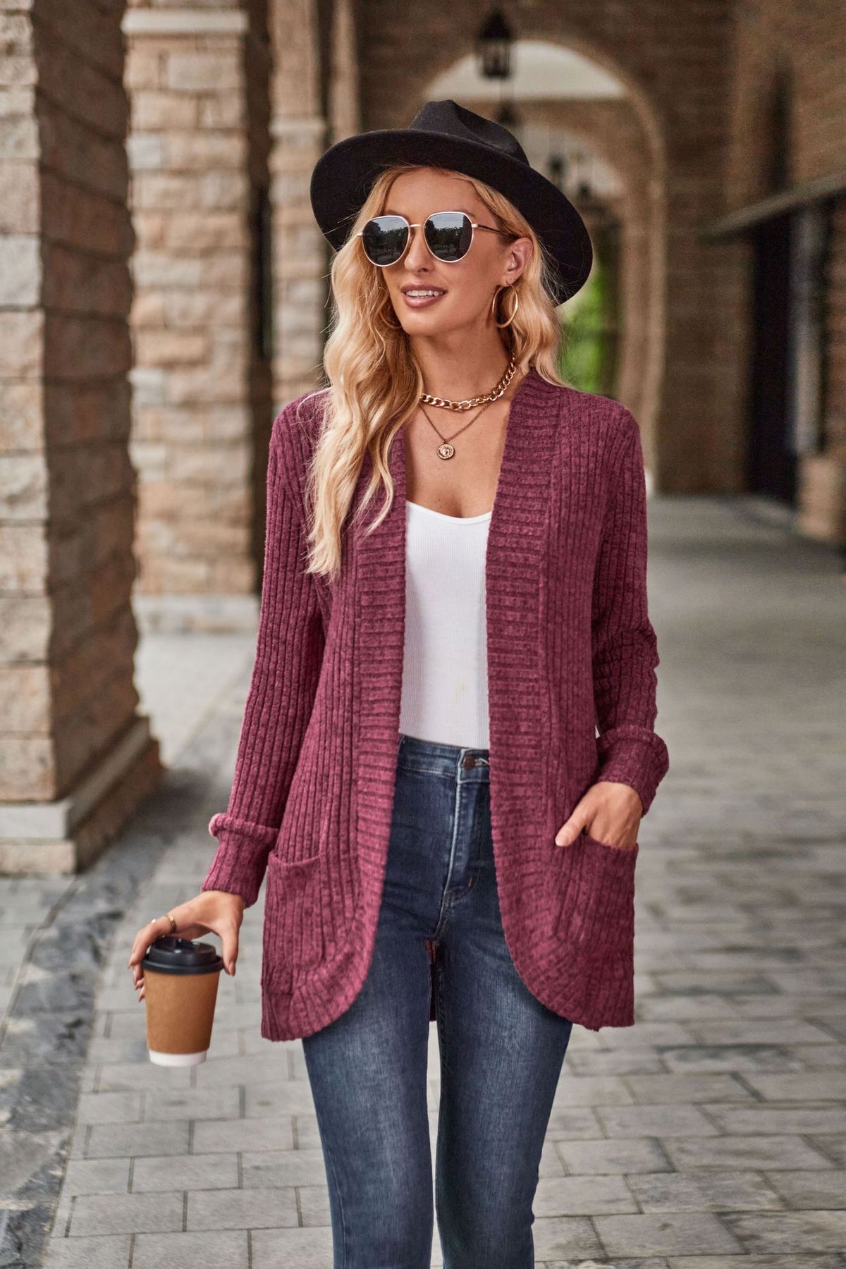Women's Ribbed Knit Open Front Cardigan Long Sleeve Pockets