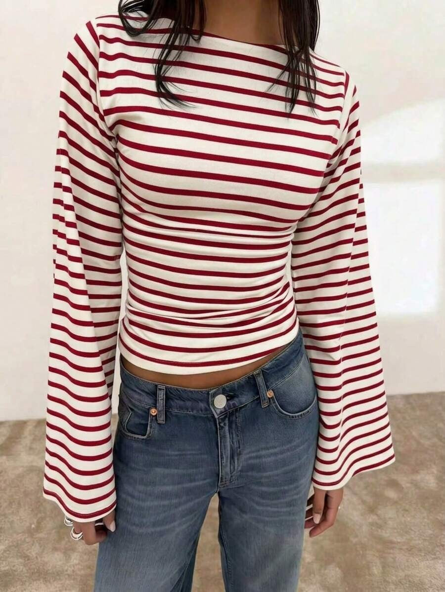 Women's Y2K Striped Bell Sleeve Fitted Crop Top Casual Tee