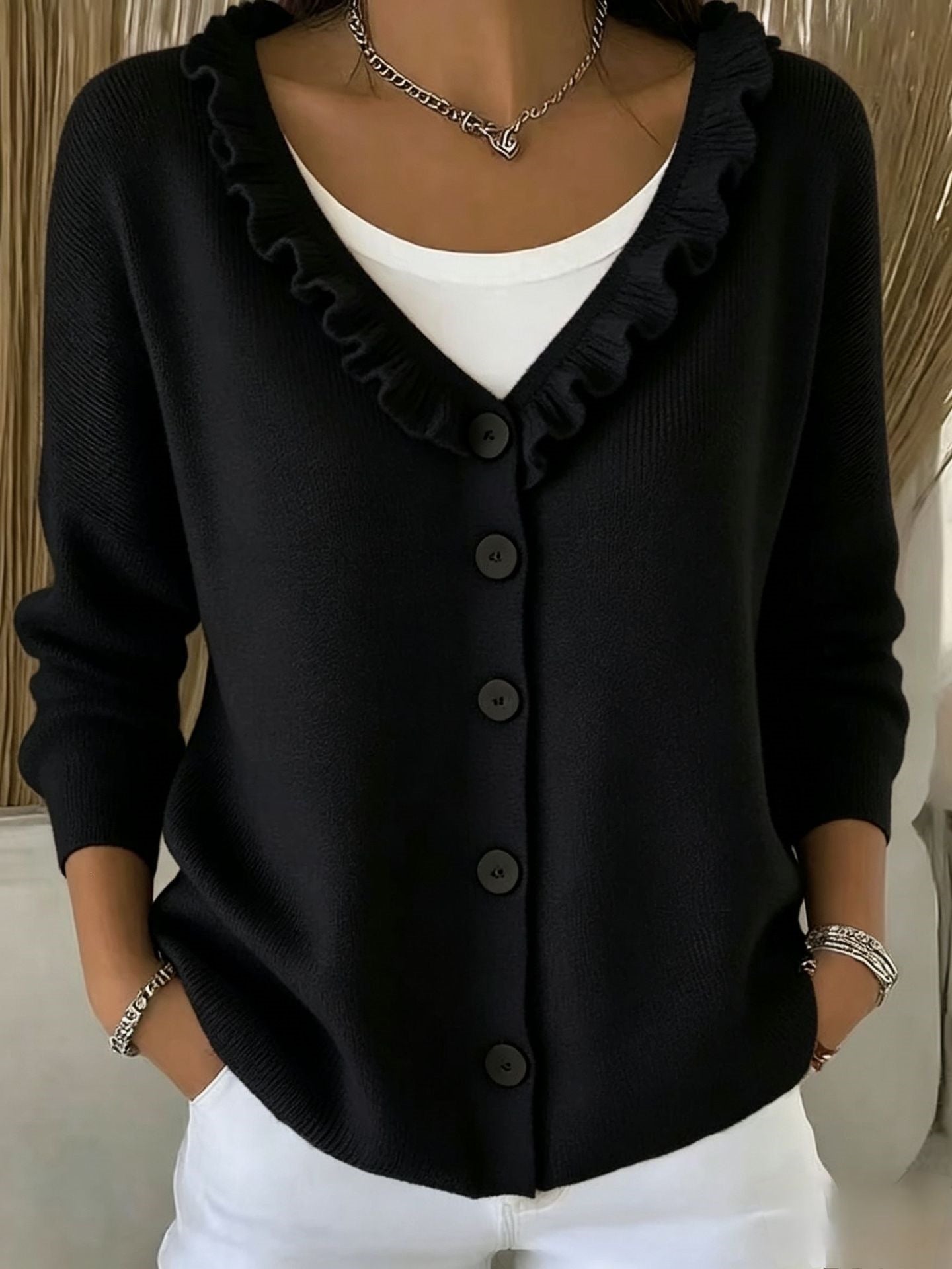 Ruffle Trim V Neck Button Front Knit Cardigan