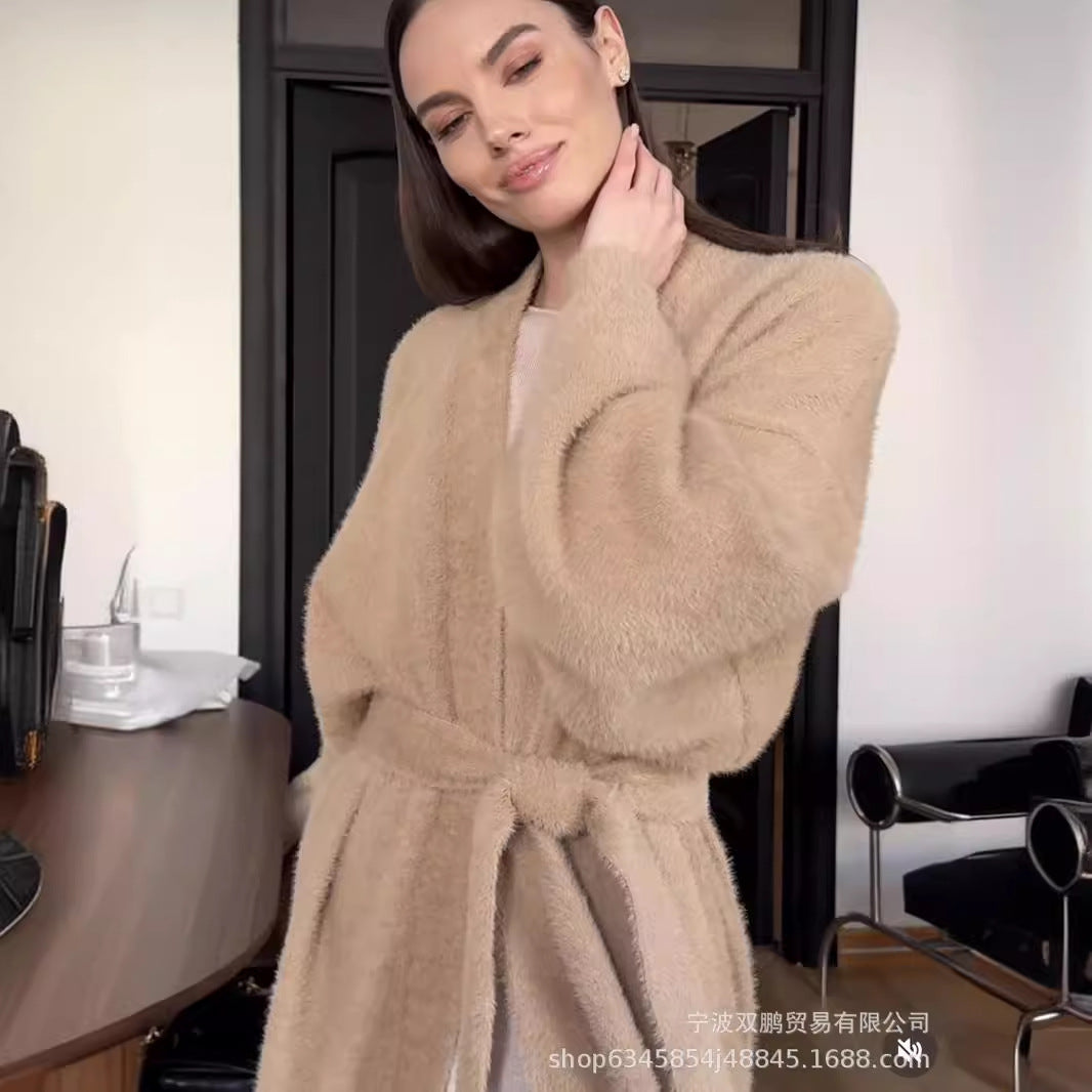 Long Cardigan Sweater with Belt, Fuzzy Open Front