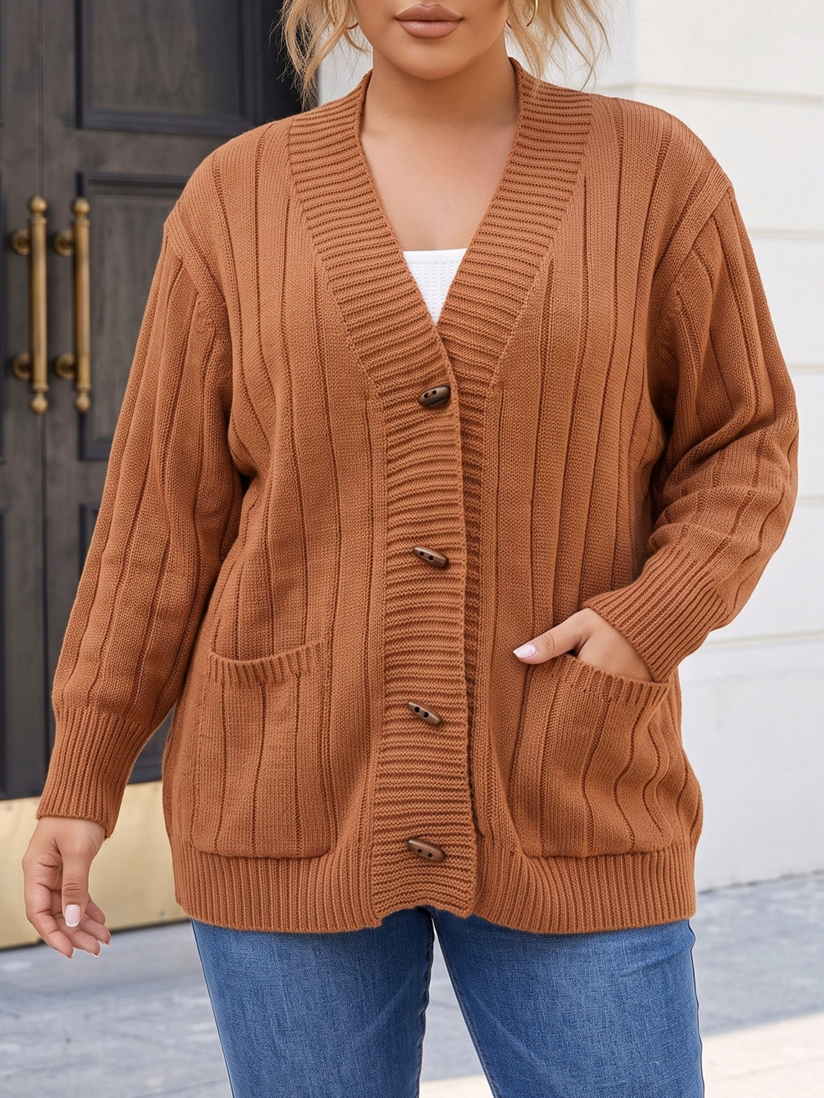 Women's Oversized Ribbed Cardigan Sweater Pockets