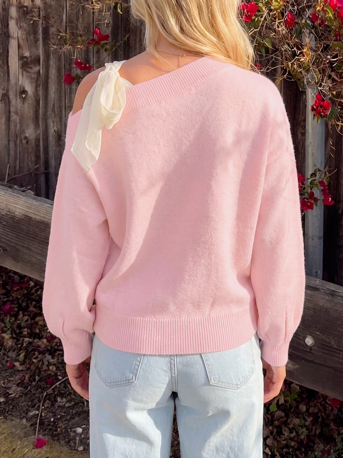Pink Bow Sweater Asymmetric Cutout Coquette Knit