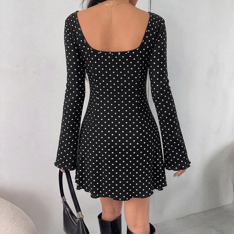 Polka Dot Lace V Neck Mini Dress Vintage Long Sleeve