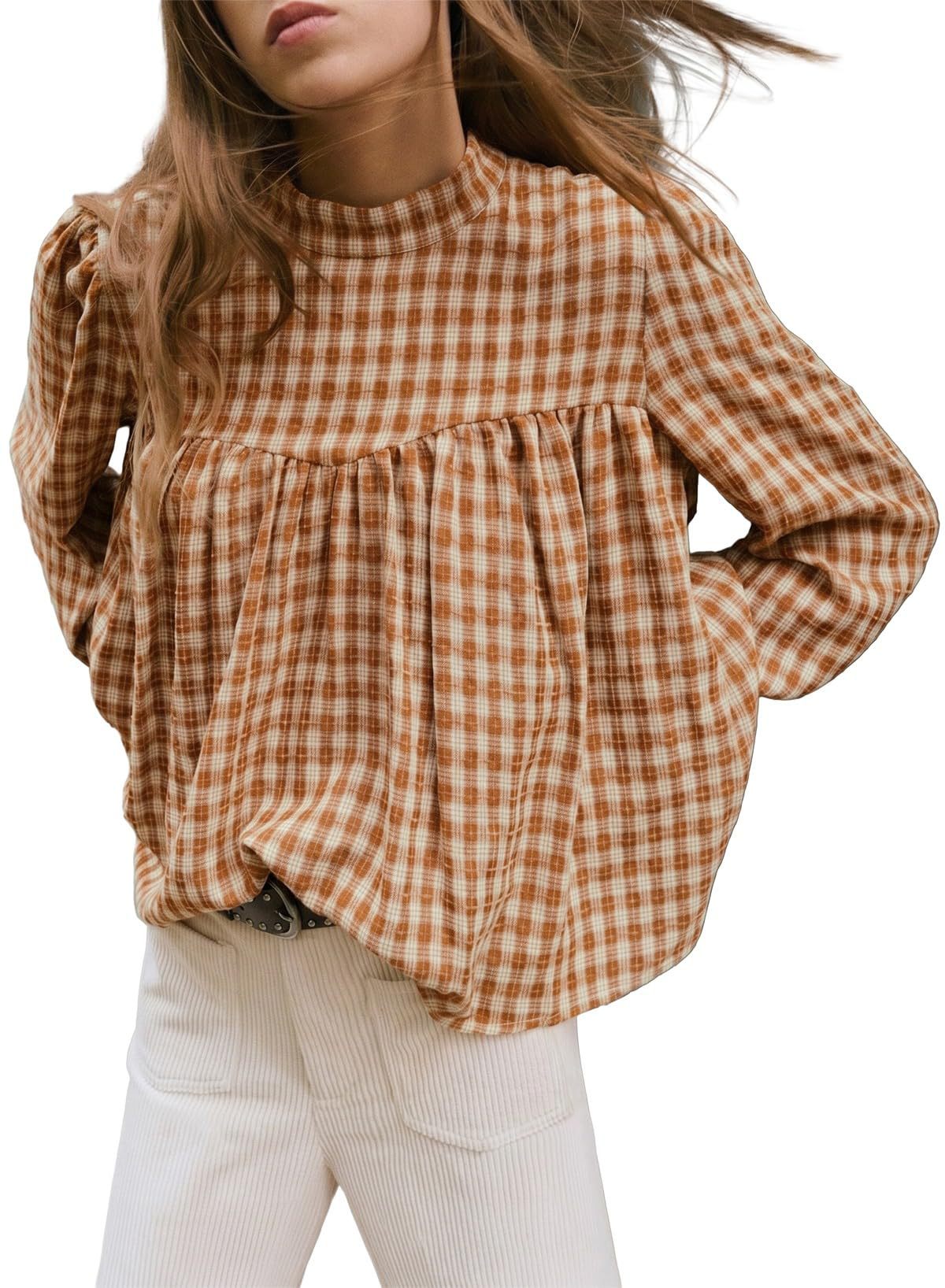 Plaid Mock Neck Babydoll Blouse Long Sleeve Top