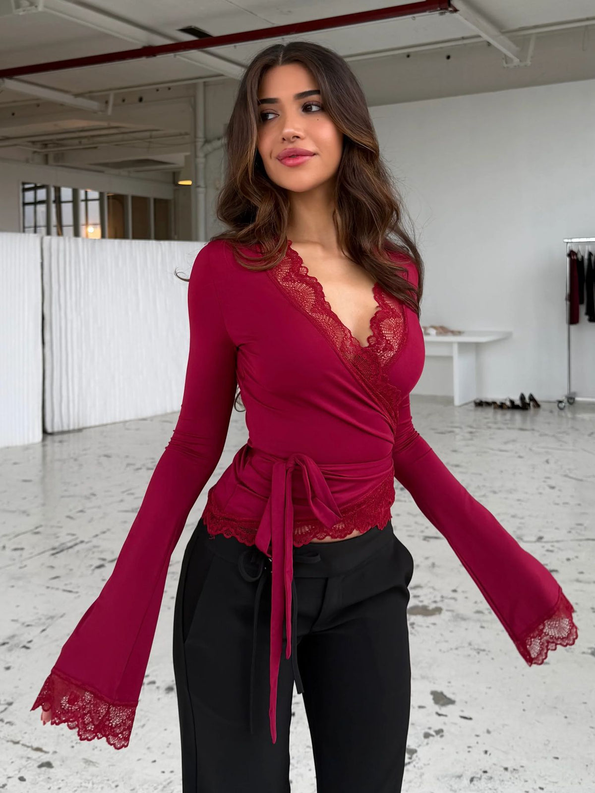 Women's Sexy Lace V Neck Wrap Top Flare Long Sleeve