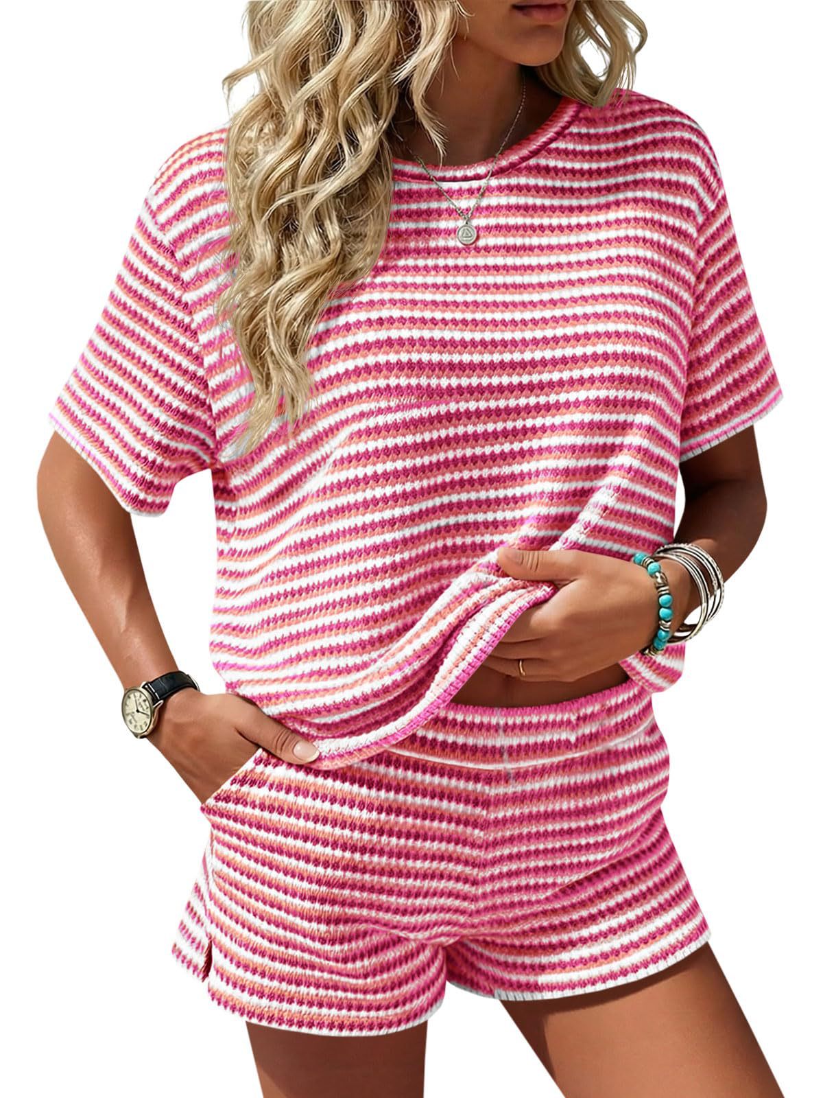 Striped Knit Shorts Set Boutique Ribbed Loungewear Fitted